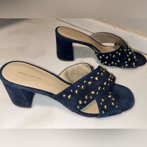 Ann Taylor Navy Suede Studded Block Heel Sandals